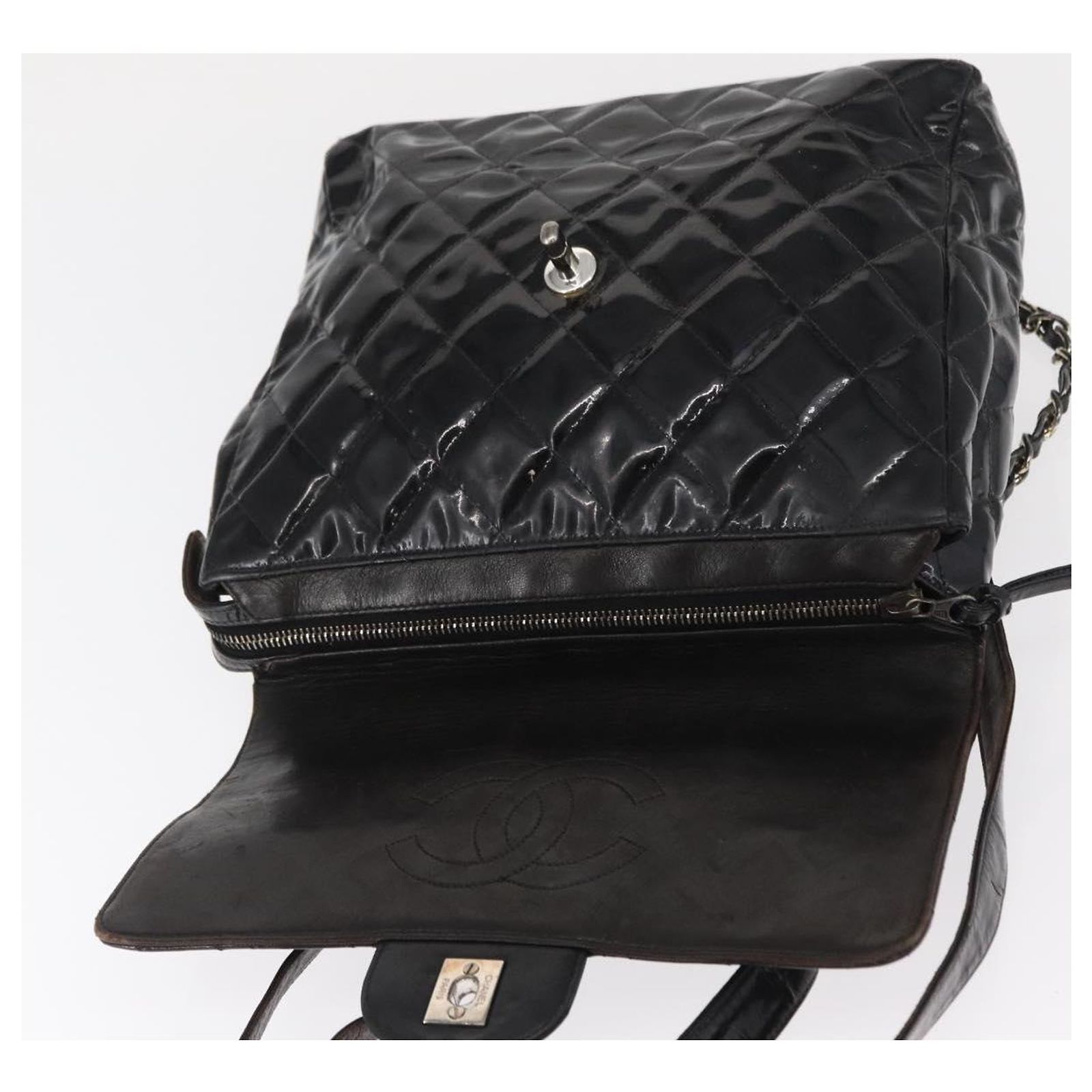 CHANEL Matelasse 25 Chain Backpack Enamel Black Silver CC Auth gh1554 CHANEL Matelasse 25 Chain Backpack Enamel Black Silver CC  main image 2