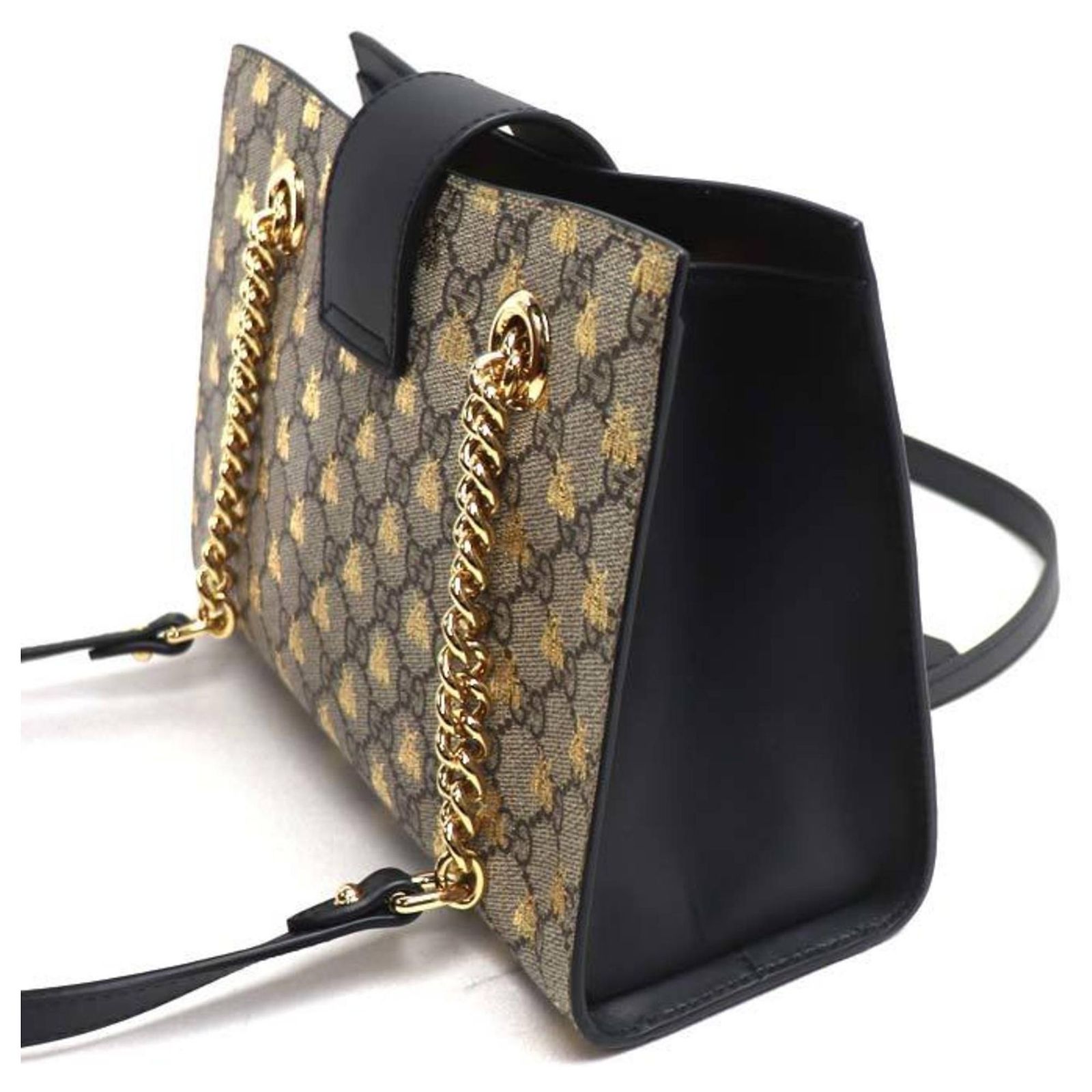 Gucci Padlock GG Small Bee Print Shoulder Bag Beige Leather Cloth 