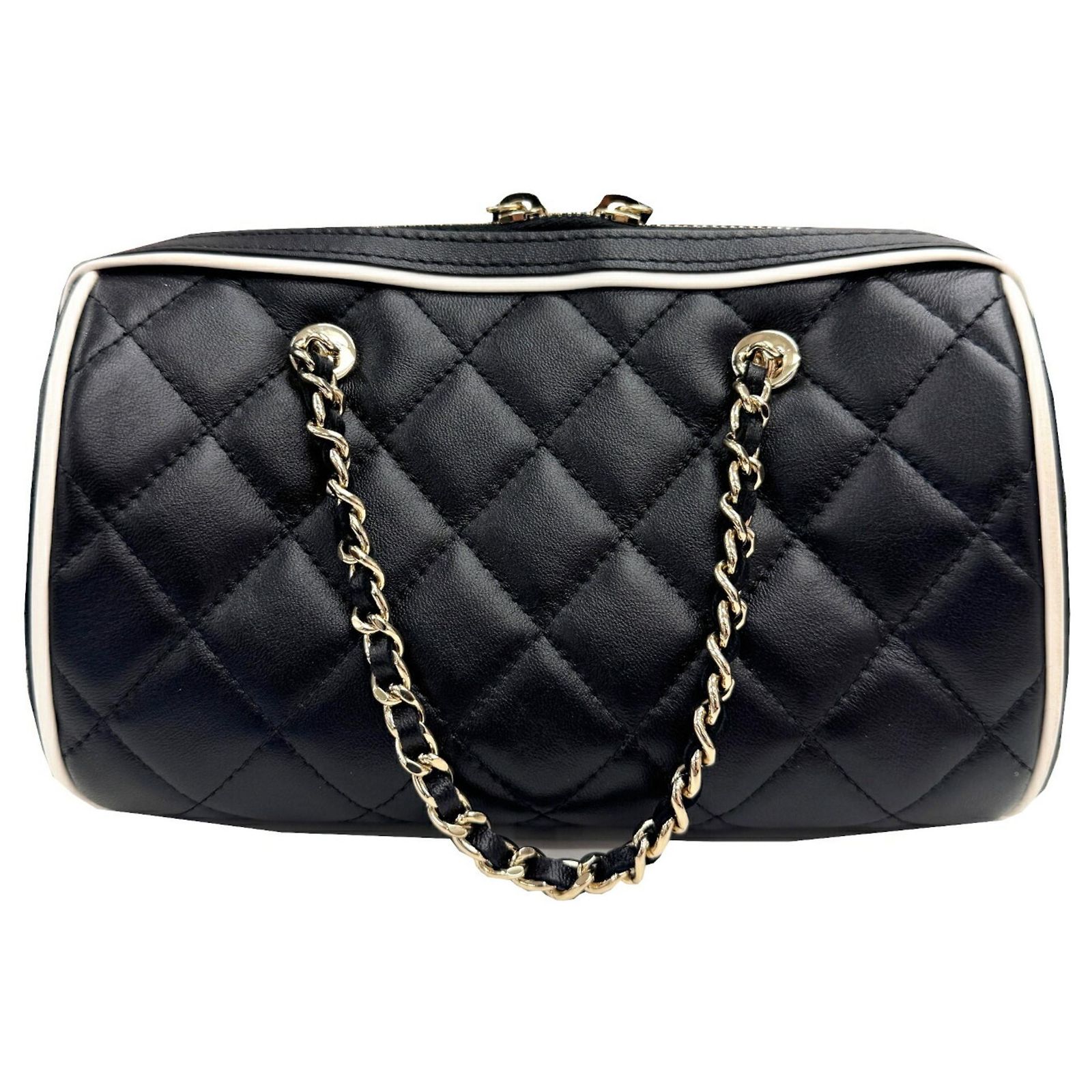 Chanel Matelasse Drum Mini Boston Bag Black White Leather ref