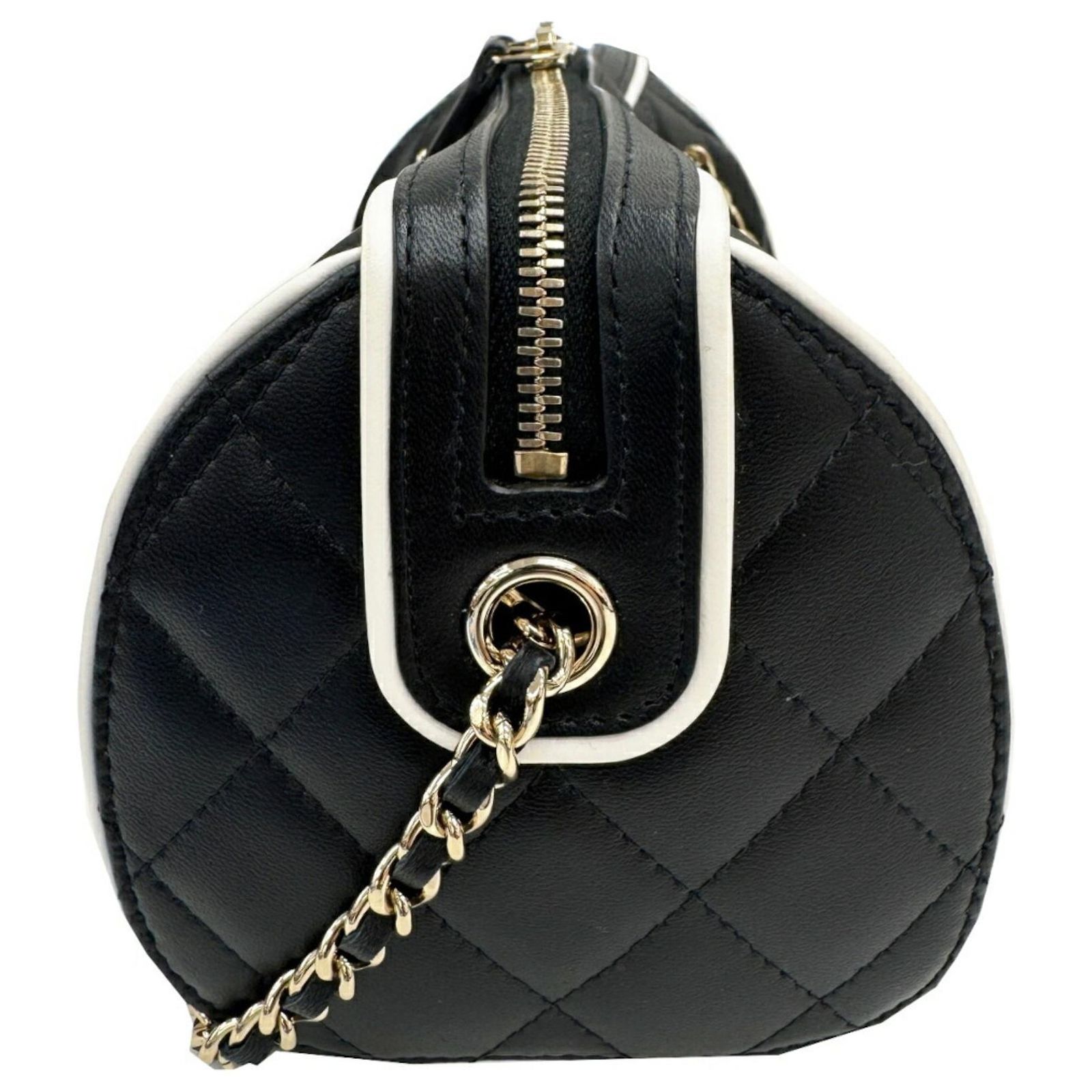 Chanel Matelasse Drum Mini Boston Bag Black White Leather ref