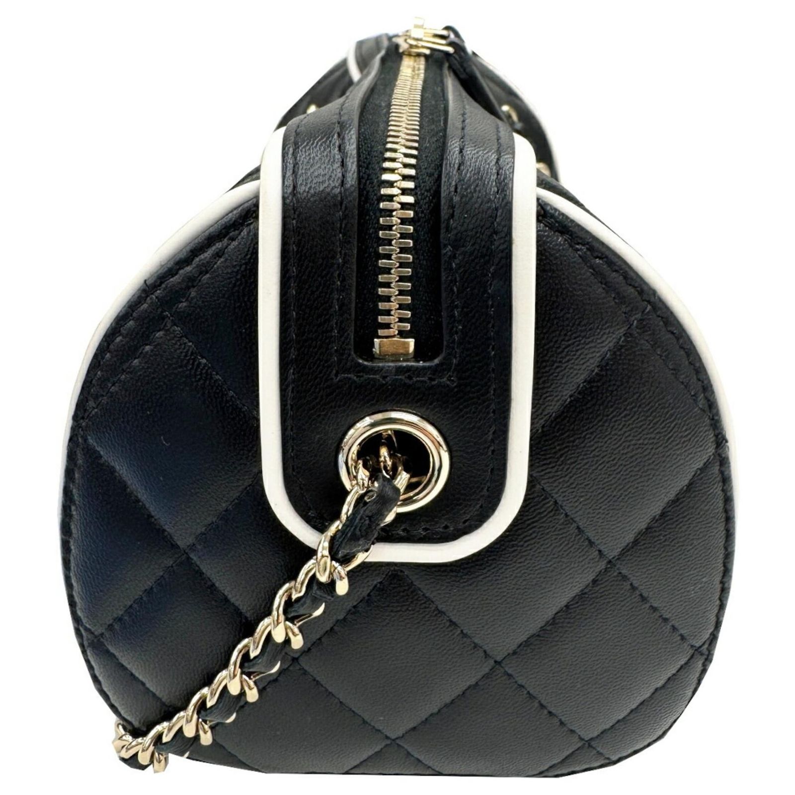 Chanel Matelasse Drum Mini Boston Bag Black White Leather ref