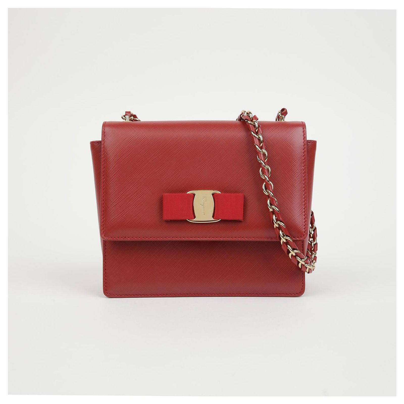Salvatore Ferragamo Genie Chain Mini Shoulder Crossbody Bag Red Leather ...