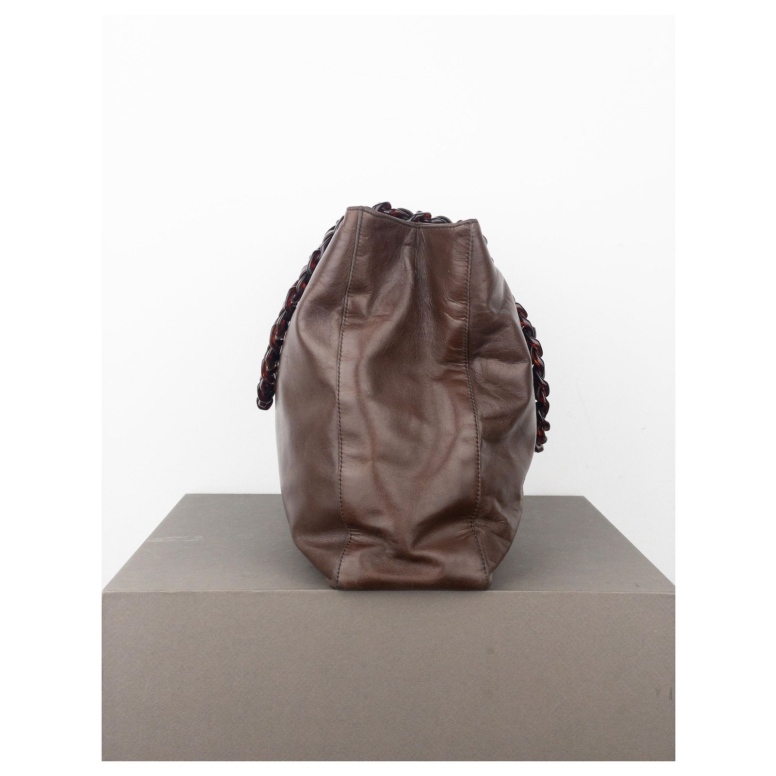 Prada AW96 Chain Leather Shopper Tote Shoulder Bag Brown Acetate 