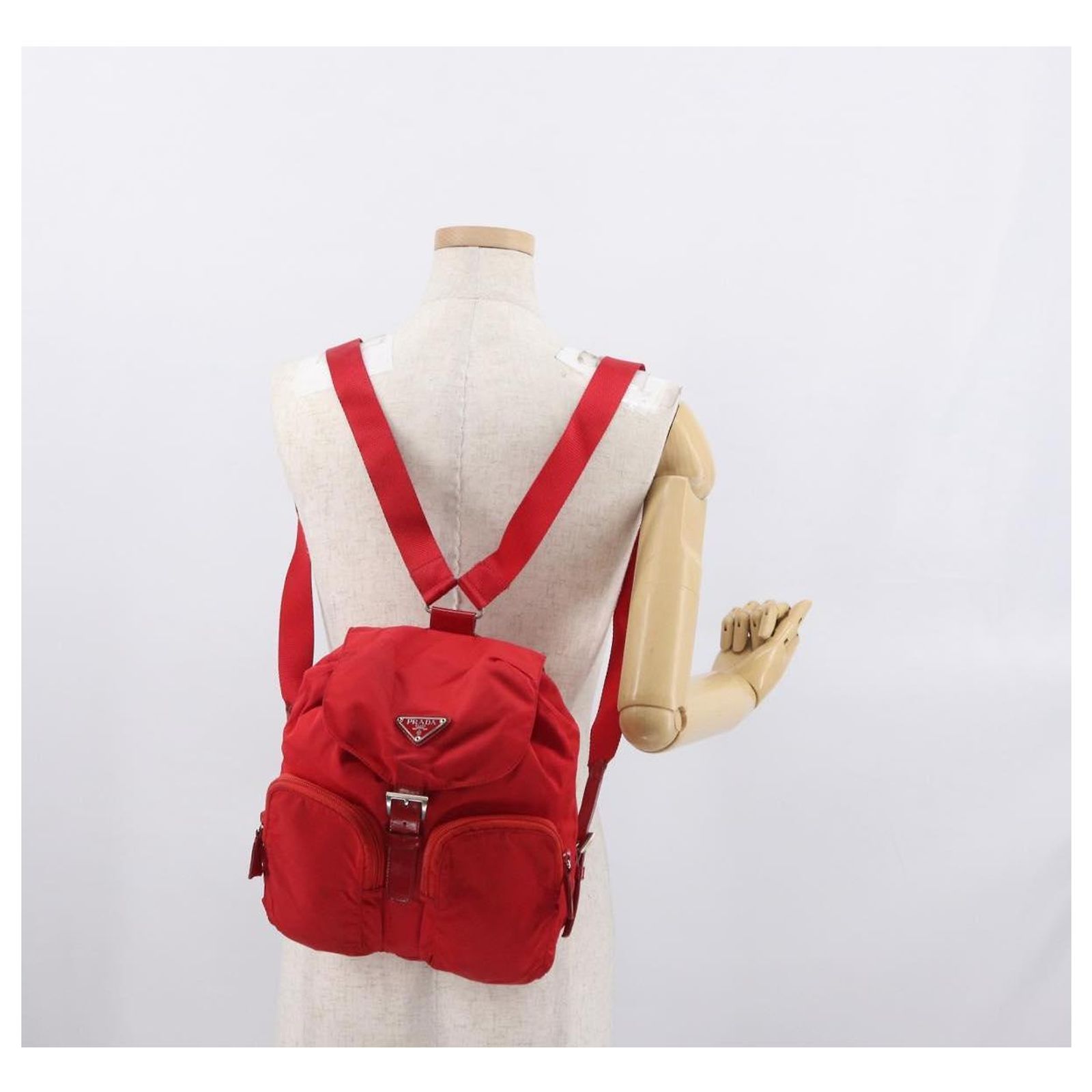 PRADA Backpack Nylon Red Silver Auth 149116 Auth PRADA Medium Red Nylon Triangle Logo Nylon Backpack | eBay main image 3