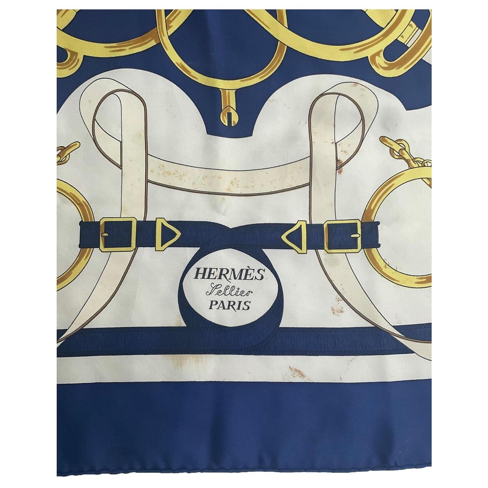Hermès Éperon d HERMÈS Navy & Green EPERON D\'OR Golden Spur Silk SCARF by Henri d\'Origny 90 main image 0