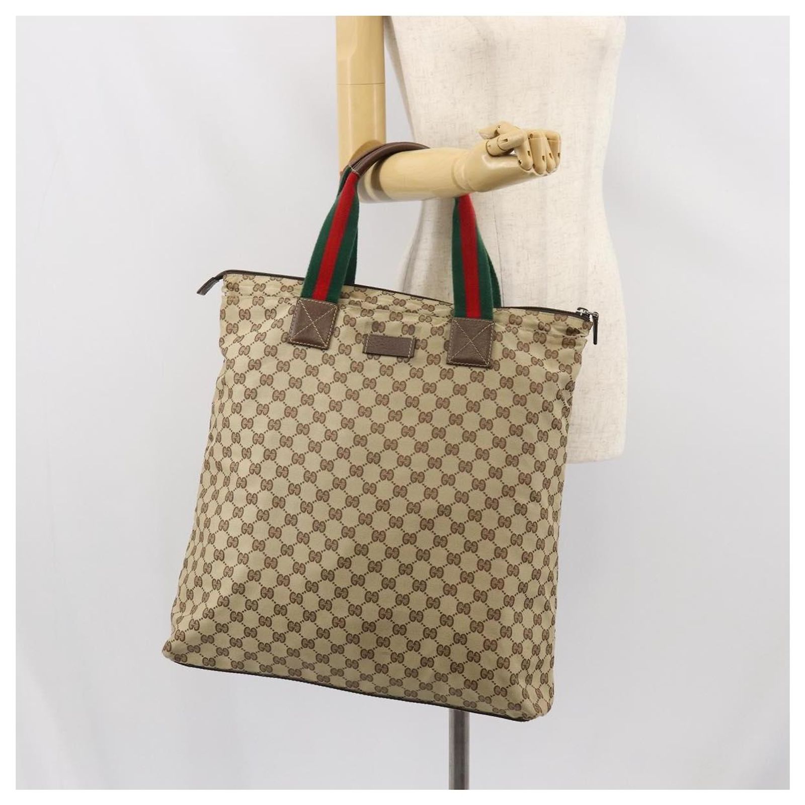 GUCCI GG Canvas Web Sherry Line Tote Bag Beige Silver 131233 Auth 