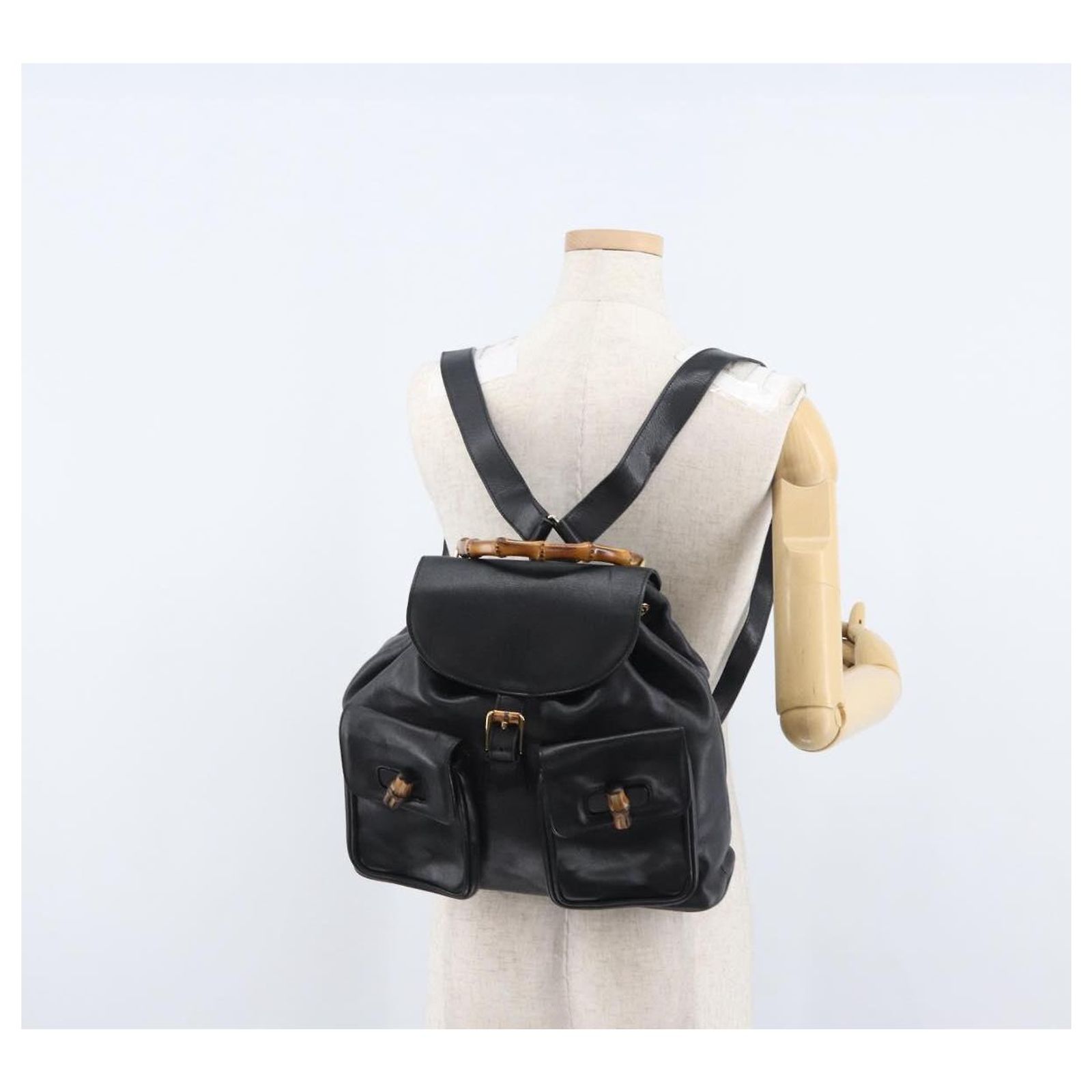 GUCCI Bamboo Backpack Leather Black Gold 003 2058 0016 Auth 