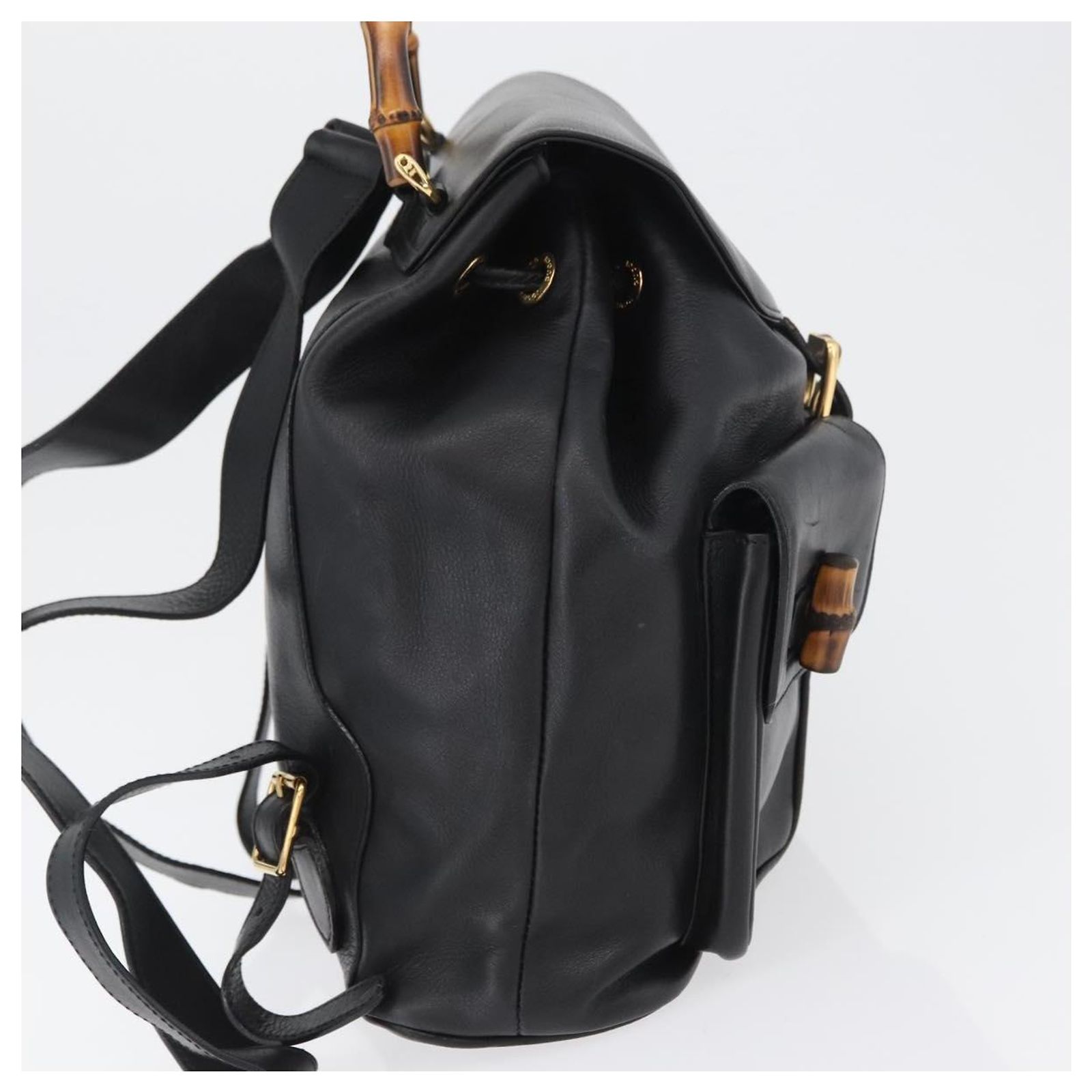 GUCCI Bamboo Backpack Leather Black Gold 003 2058 0016 Auth  display picture 2