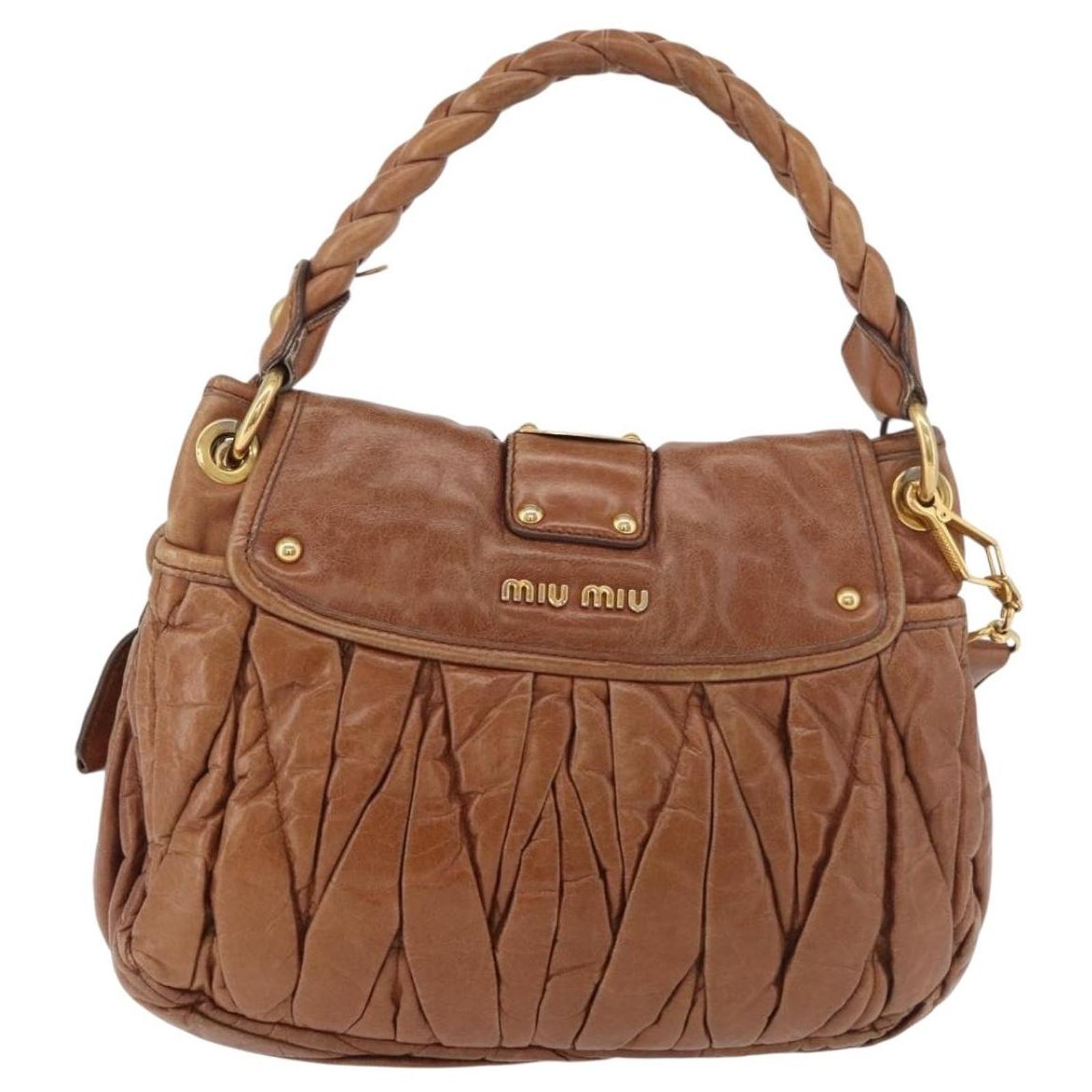 Miu Miu Matelasse Hand Bag Leather 2way Brown Gold Auth 175497A 