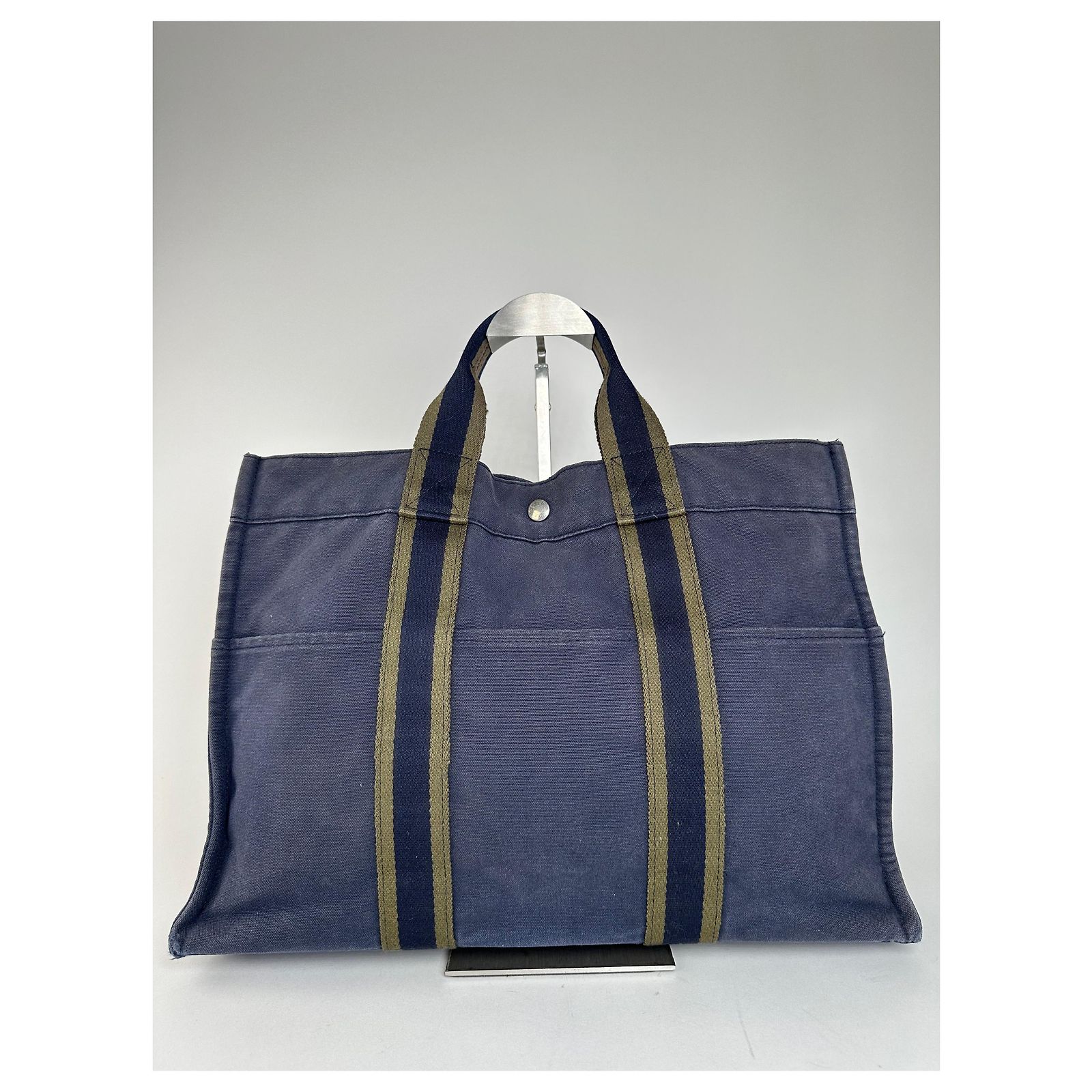 Market Vintage Hermès Fourre Tout MM Canvas Tote Bag Navy Khaki 