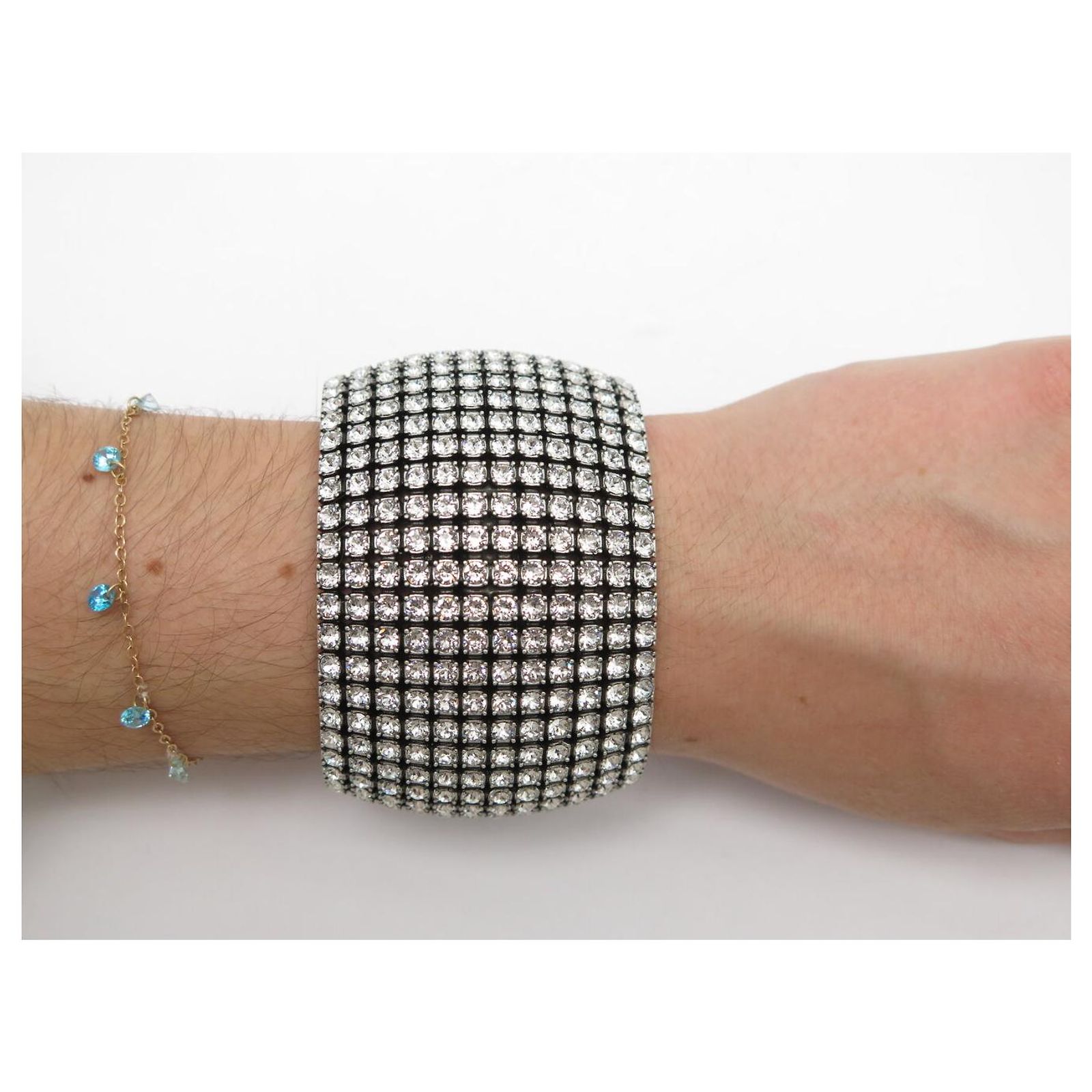NEW BALENCIAGA GLAM STRASS CUFF BRACELET SIZE S 15.5 SILVER