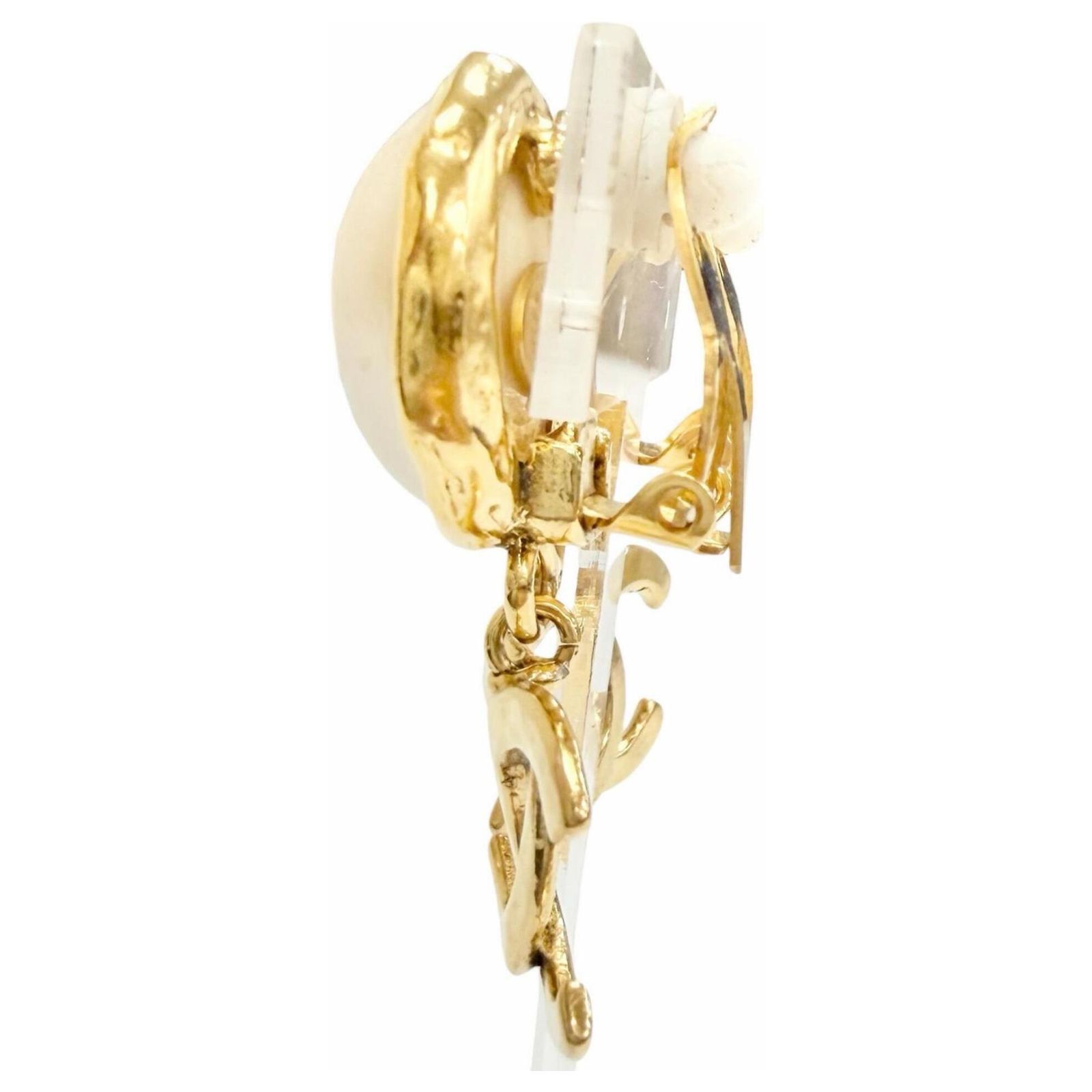 CHANEL Vintage 94A Coco Mark Faux Pearl Swing Earrings Golden ref 