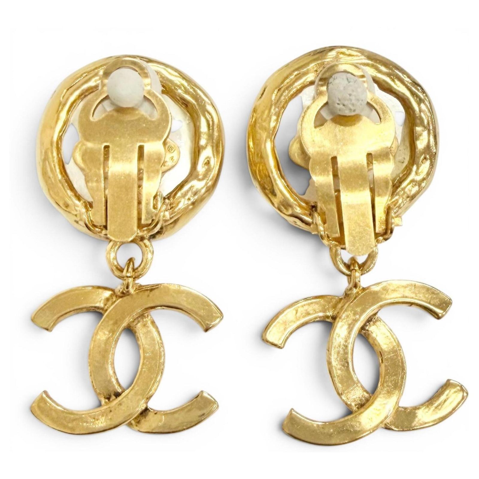 CHANEL Vintage 94A Coco Mark Faux Pearl Swing Earrings Golden ref 