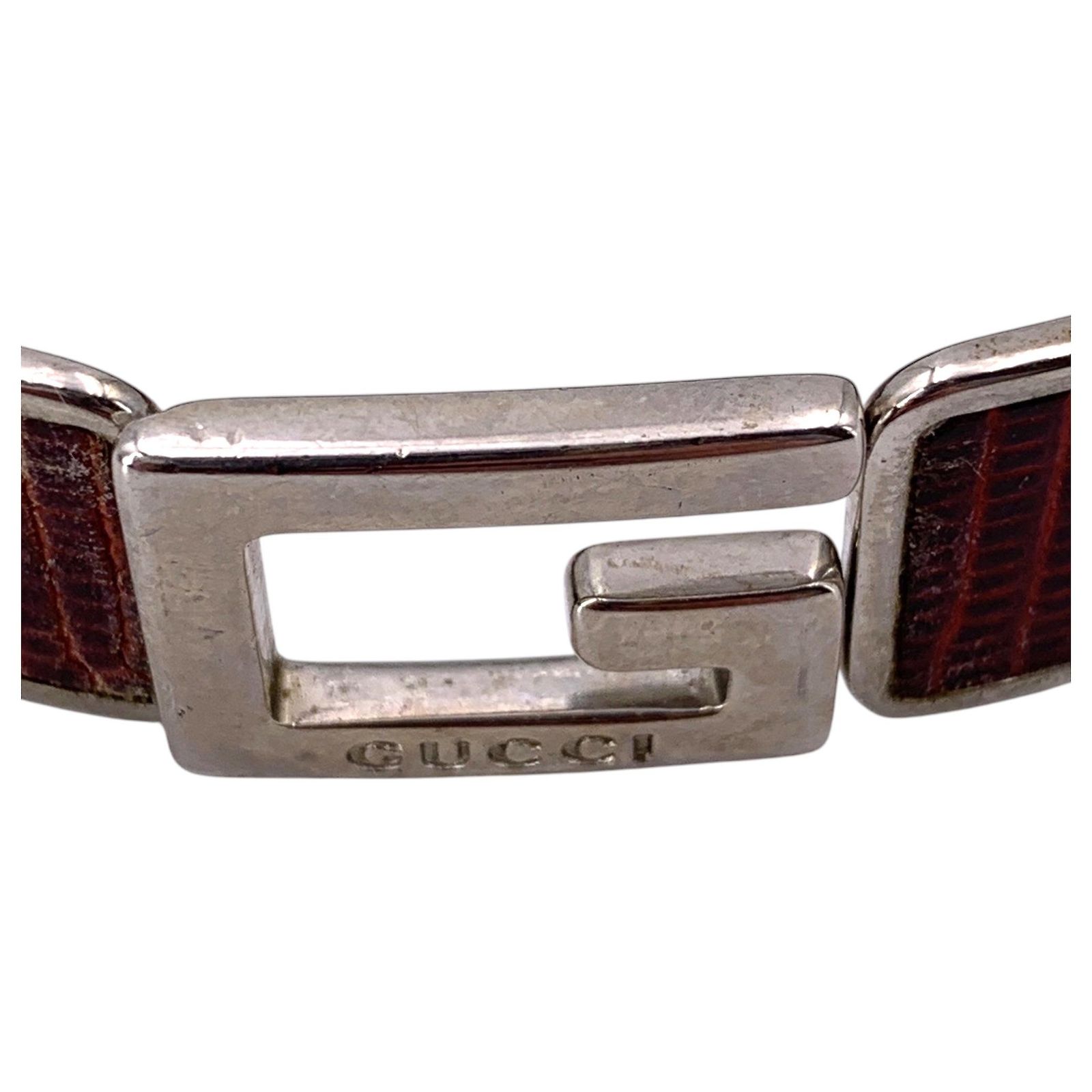 Gucci Vintage Silver Metal Brown Leather G Logo Bangle Bracelet 