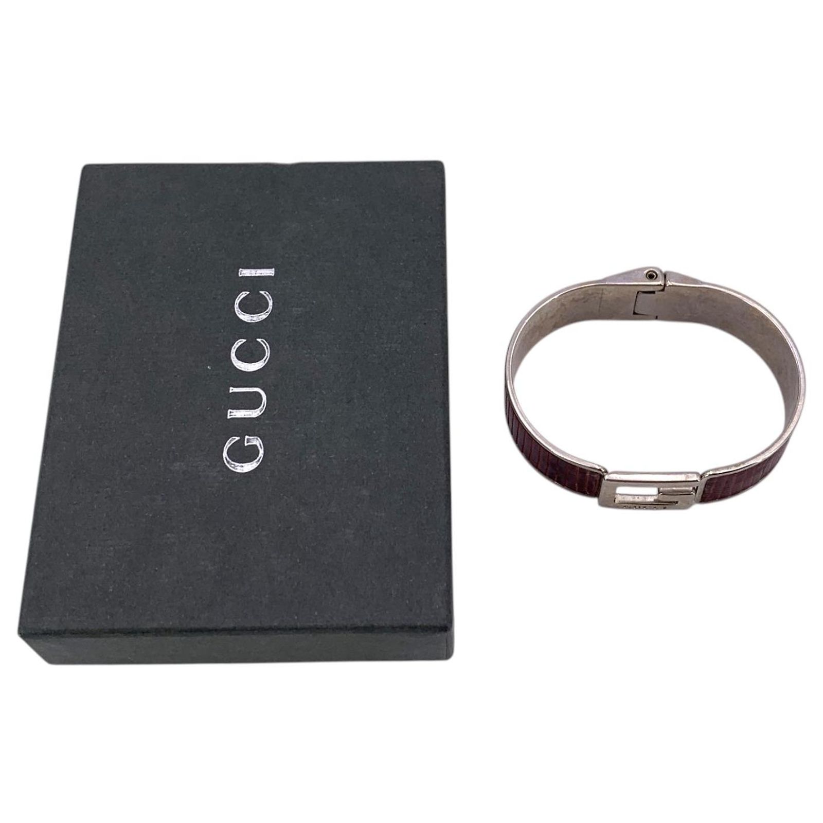 Gucci Vintage Silver Metal Brown Leather G Logo Bangle Bracelet 