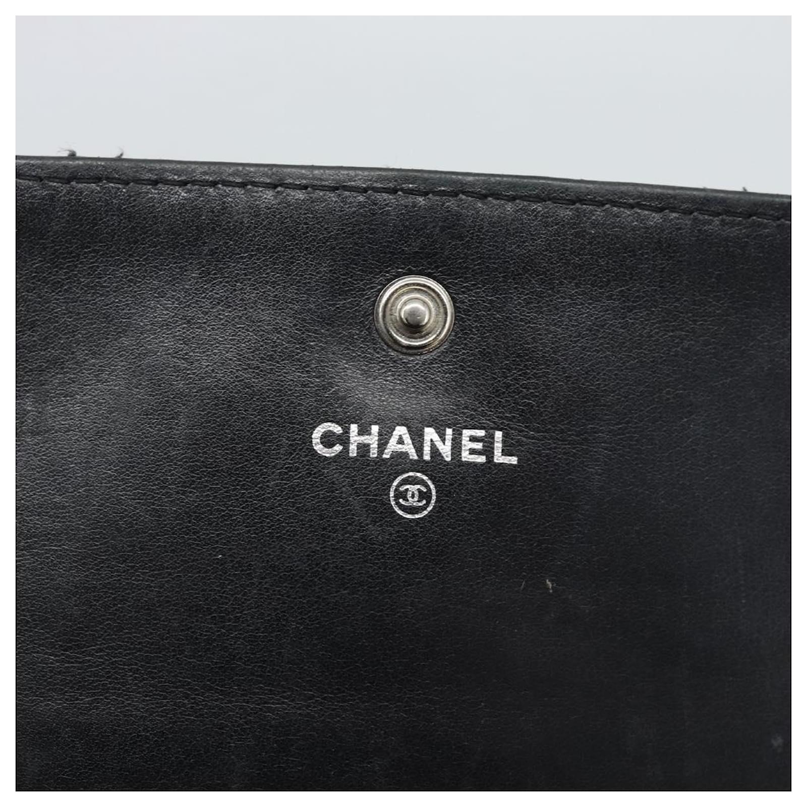 CHANEL Matelasse Long Wallet Lamb Skin Black Silver CC Auth 180932