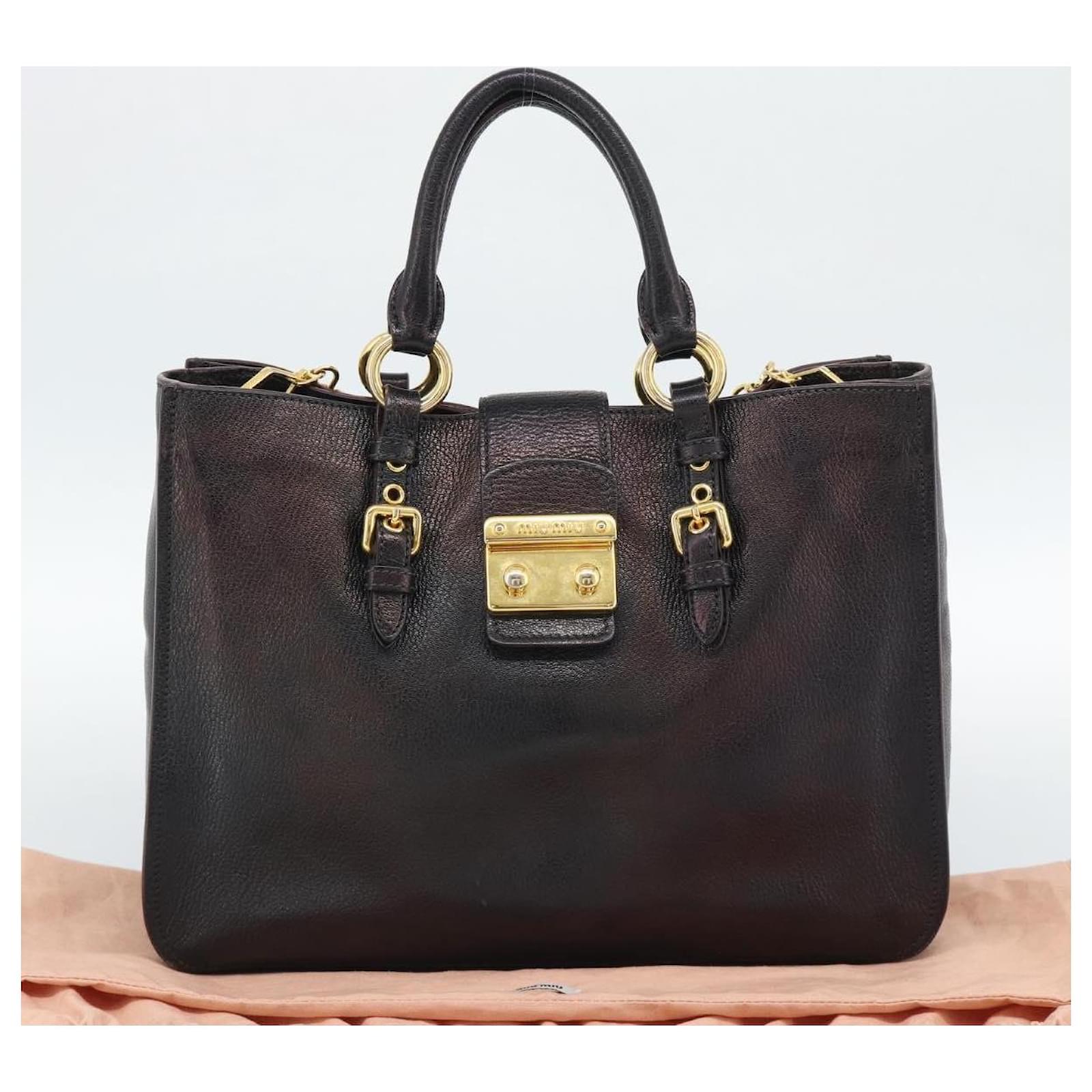 Miu Miu Madras Hand Bag Leather 2way Black Gold Auth 187556A