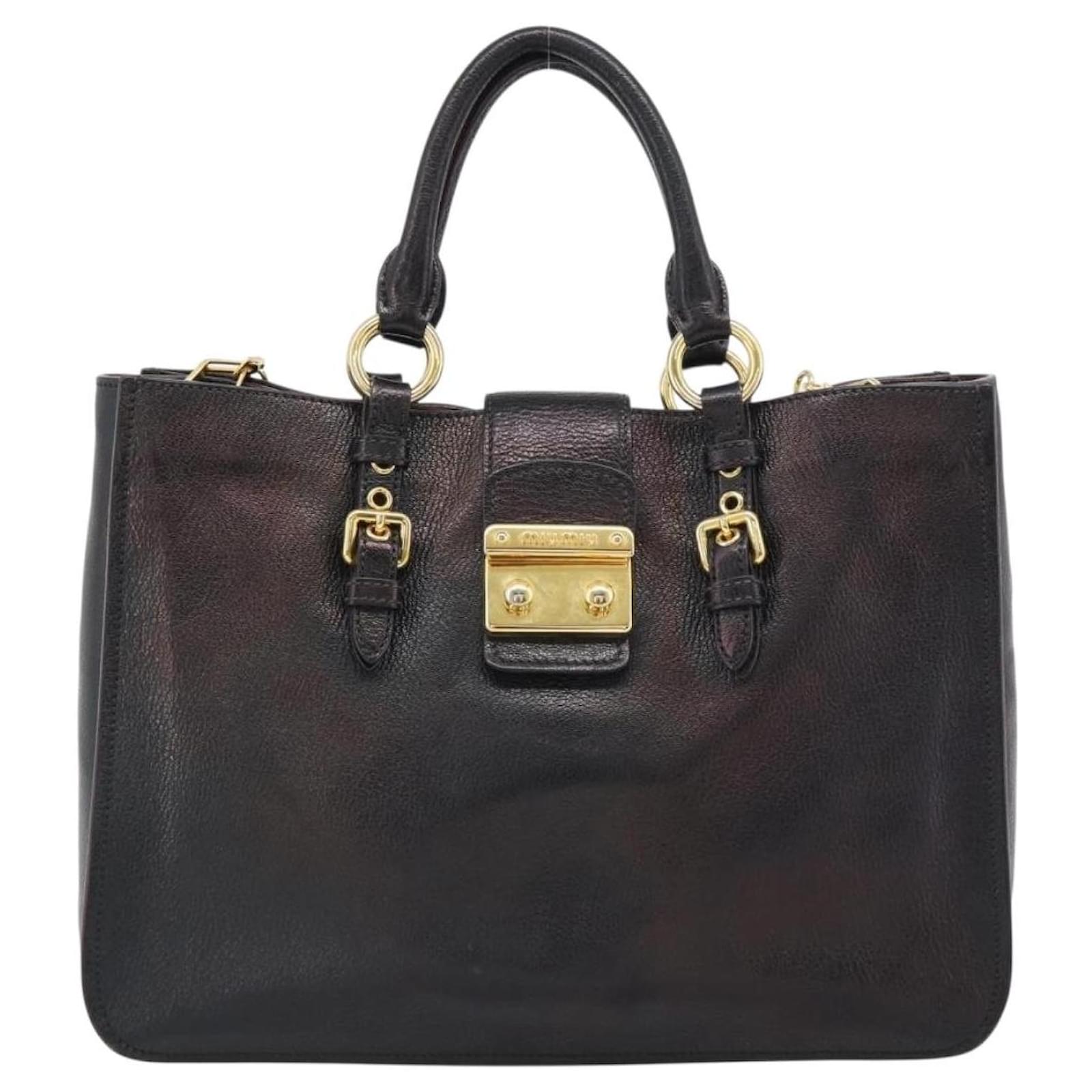 Miu Miu Madras Hand Bag Leather 2way Black Gold Auth 187556A