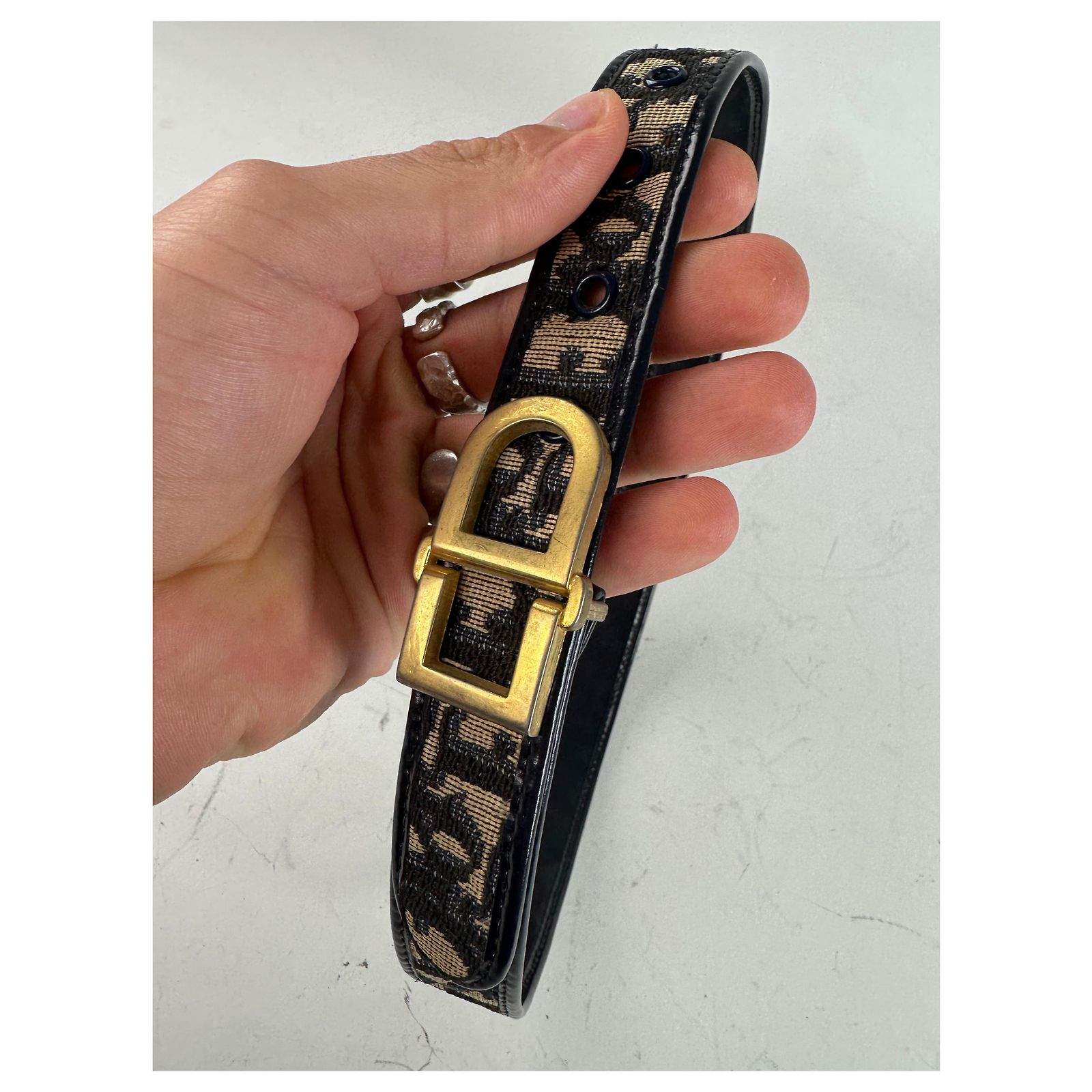 Vintage Dior Oblique Canvas Logo Belt Black Beige Gold 
