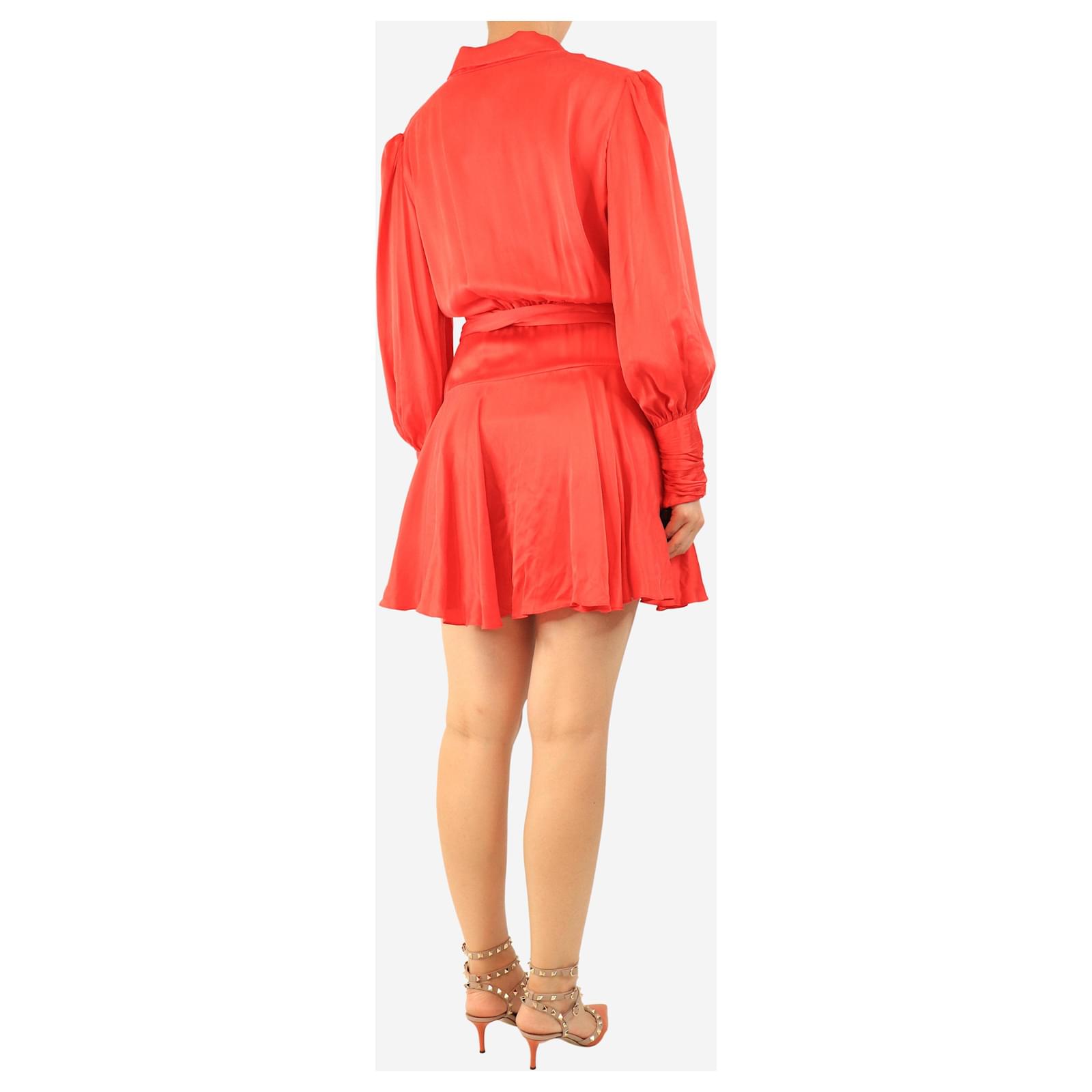 zimmermann silk wrap dress red Zimmermann Long Sleeve Mini Wrap Dress Crimson Silk Satin Size 1