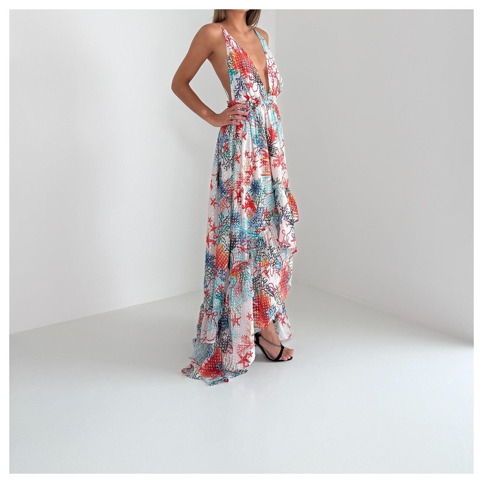 New With Tags Dundas Pre-Fall 2020 Coral Reef Silk High-Low Maxi Dress – Runway Look 31