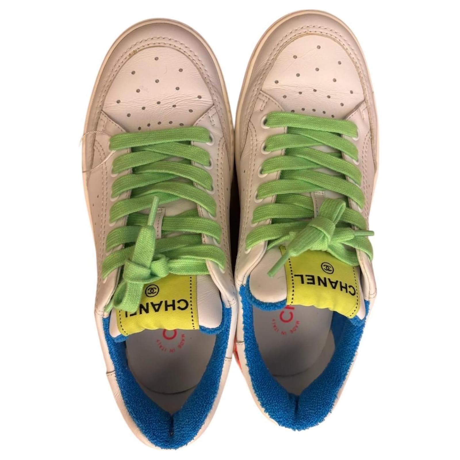 Chanel White/Neon Leather Logo Low Top Sneakers Size 37.5 Pink