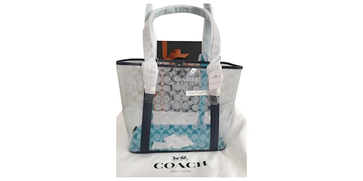 Coach Small Ferry Tote in Signature Clear Canvas Blue Navy blue Silver  hardware Leather  - Joli Closet