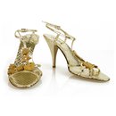 Prada Gold Snakeskin Embossed Leather Slingback Heels Strappy Shoes Pumps sz 38.5 with wooden charms
