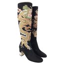 GUCCI Black Silk Satin Embroidered Candy Dragon+Swarovski crystals Knee Boots - Gucci