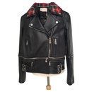 Leather Tartan Collar Zip Biker Leather Jacket - Christopher Kane