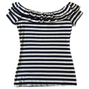 Navy and White Striped T-Shirt with Boat Neck and Ruffles T. 34-36 - Autre Marque