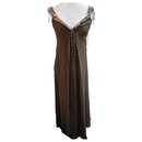 New Antik Batik braune Seide 2-schichtiges langes Kleid. S