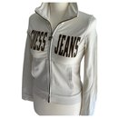 White sweatshirt with bronze inscription, and zipper, taille M - Guess