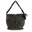 Lanvin Black embossed pebbled leather velvet handle Hobo shoulder bag