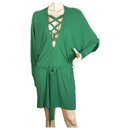 Balmain Green Criss Cross Deep V Neckline Dolman Sleeve Mini Length Dress 36