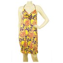 DSquared Floral Open Back V front halter top yellow, purple and red mini dress sz S - Dsquared2