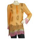 A ce soir Orange Silk Paisley Sequins Blouse Tunic Kaftan Cover Up Top sz S - Autre Marque