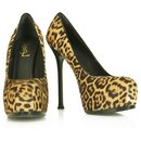 Yves Saint Laurent Marrom Leopardo Calf Hair Tribute Tribtoo Heels Pumps 40 sapatos