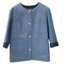 Chanel Chanel Light Blue Lambskin Leather Contrast Lined Pearl Buttoned Jacket