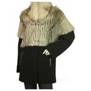 Veste de manteau en tissu de laine noire avec fourrure beige Jo Peters taille S, Superbe - Autre Marque