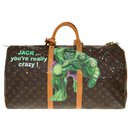 Beautiful Louis Vuitton Keepall travel bag 55 in monogram canvas and natural leather customized "Hulk Vs Shining" by artist PatBo