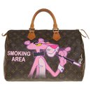 Very nice speedy 35 in monogram canvas and custom leather "Pink Panther Smoking" by artist PatBo - Louis Vuitton