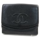 Black Caviar Leather CC Logo Coin Purse Compact Wallet - Chanel