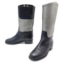 CHANEL BOOTS G28488 37.5 BLACK & SILVER LEATHER BOOTS SHOES - Chanel