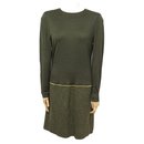 NEW CHANEL LONG SLEEVE DRESS T 40 M IN KHAKI COTTON GOLD CHAIN DRESS - Chanel