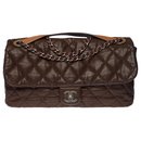 Astonishing Chanel Classic XL bag in brown quilted leather , gussets and underside in brown glazed leather, Aged silver metal trim