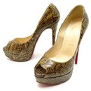 CHRISTIAN LOUBOUTIN LADY PEEP SHOES 38.5 GOLDEN ENGRAVED LEATHER PUMPS - Christian Louboutin