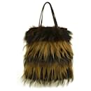 Fendi Long Hair Fox Stripped Fur Brown Leather Shoulder Bucket Tote Bag Handbag