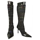 Gina Tweed Fabric Black Patent Leather Boots Slim heels Shoes Back Zipper sz 6