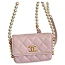 21S Rose Clair Chanel card clutch on chain